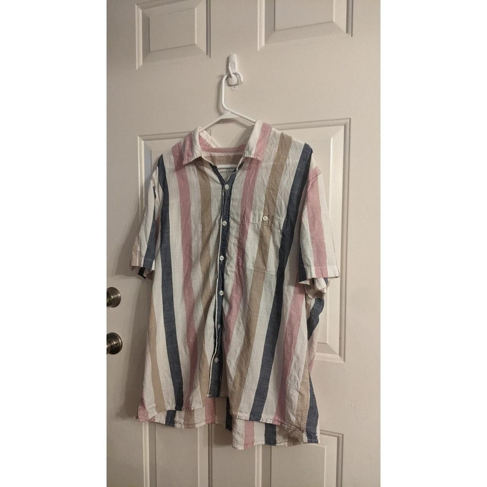American Eagle Striped Button Down Short Sleeve Shirt, XXL, pink blue beige
